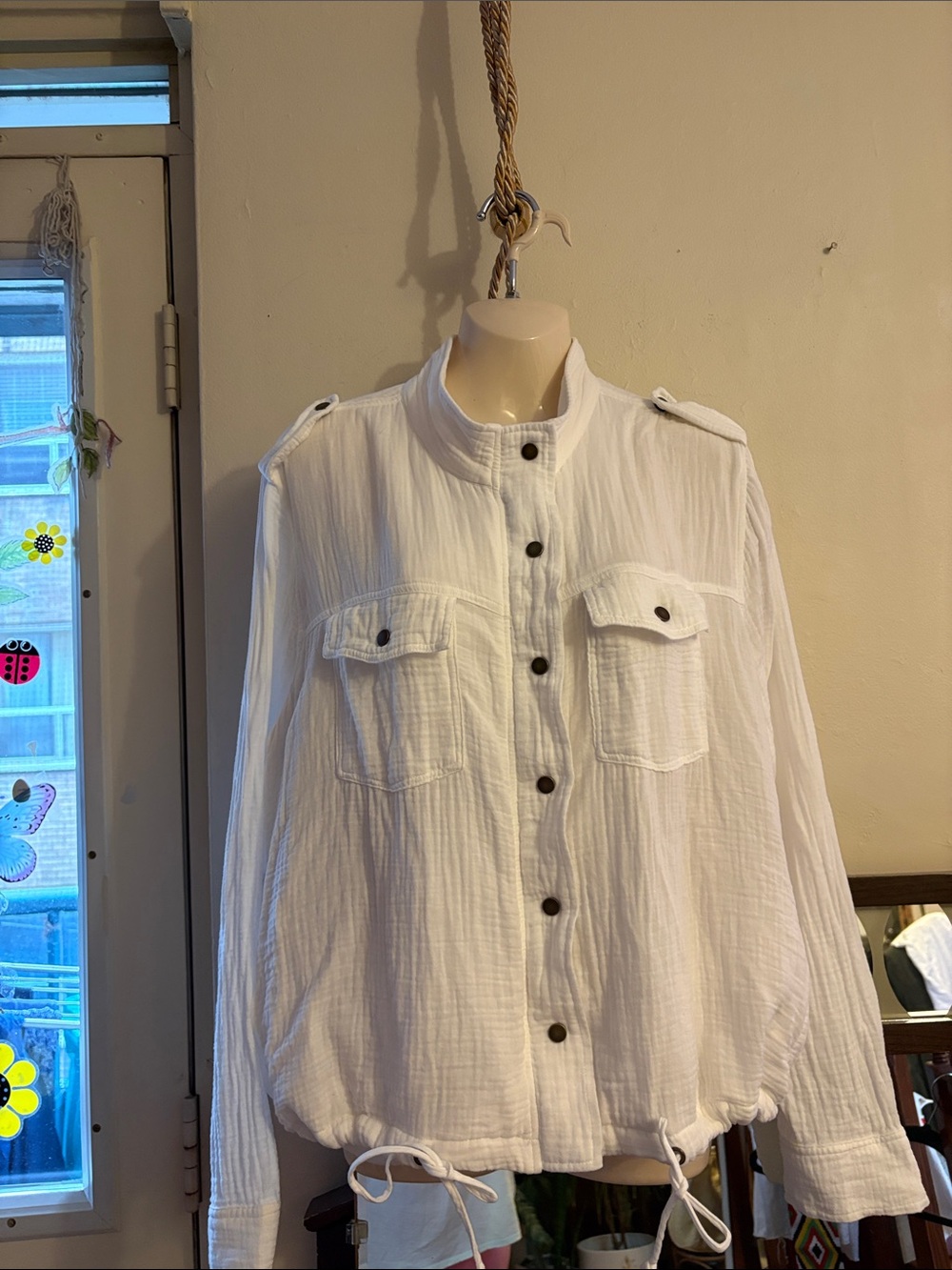 Rails White Textured Cotton Utility Jacket with Epaulets